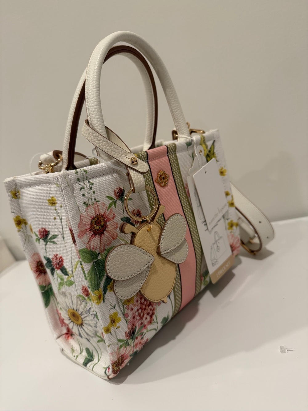 Nanette Lepore White Floral Satchel with Pink & Olive Stripes - Picture 2 of 3